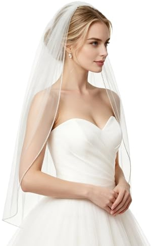 GAODESI Wedding Veil Pearls and Crystals Beaded Edge 1 Tier Fingertip Length Bridal Veil