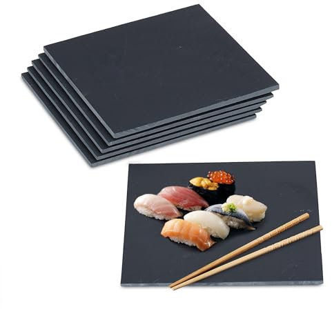 Relaxdays Piatti da Portata in Ardesia, Set da 6 Vassoi Quadrati 25x25 cm, Servire Sushi, Salumi e Formaggi, Nero