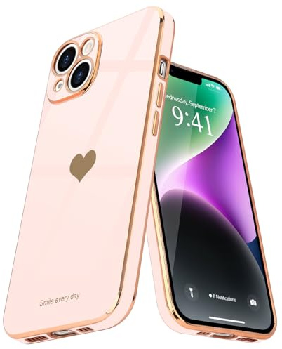 Teageo Compatibile per iPhone 14, Custodia per Cellulare Ragazze con Motivo a Cuore Carino Protezione per Fotocamera Elettrolitico Morbido Protettiva Cover per iPhone 14, Rosa chiaro
