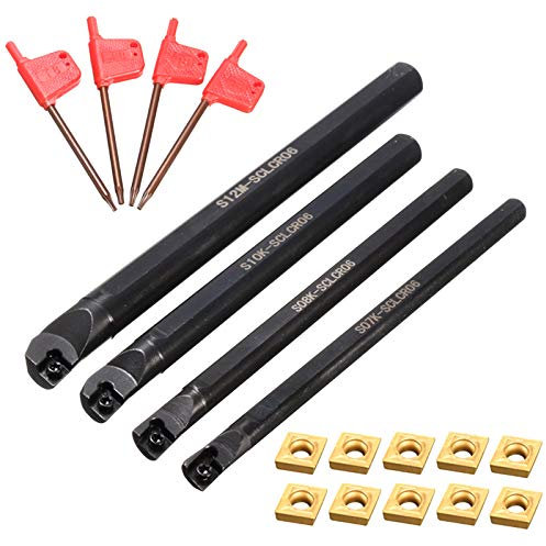 BomDog Drehmeißel, Drehwerkzeug-Set, 4 Stück, S07K, S08K, S10K, S12M-Sclcr06, Halter, Bohrstangen + 10 Stück/Box Hartmetalleinsätze + 4 Stück Schraubenschlüssel, Drehmaschine, Cnc-Drehwerkzeuge