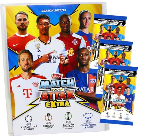 Topps Match Attax Karten Champions League Extra 2023-2024 - 1 Mappe + 3 Booster Sammelkarten
