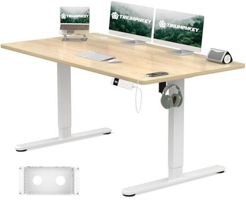 TRIUMPHKEY Höhenverstellbarer Schreibtisch 140x80cm mit Typ-C Ladeanschluss, Schreibtisch Höhenverstellbarer mit Kabel Management Tray, Standing Desk mit 3 Memory Funktion, Beige