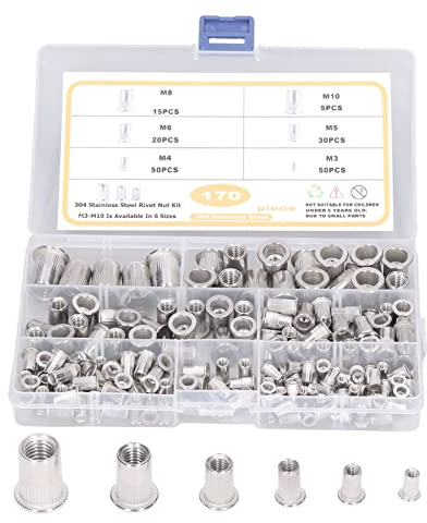 Edelstahl Nietmuttern-Set, 170-teilig, M3-M8, Flachkopf, für Stahl, Kunststoff, Glasfaser