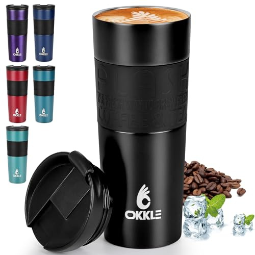 OKKLE Travel Mugs for Hot Drinks 600ml, Insulated Coffee Mug with Leakproof Lid BPA-Free Coffee Travel Mug, Vacuum Insulation Stainless Steel Cup for Hot and Cold Coffee and Tea