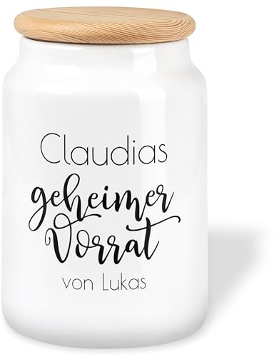 True Statements Keksdose personalisiert „WUNSCHNAMENs geheimer Vorrat“ – 650ml mit Holzdeckel Keramikdose Aufbewahrungsdose für Lieblingskekse Vorratsdose