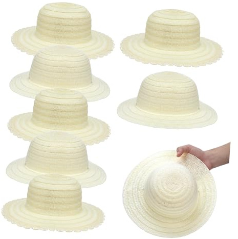 WOONEKY Cappelli di Paglia Bianchi in Paglia Naturale 8 Pezzi per Bambini da Decorare e Dipingere Cappelli Fai da Te per Progetti Creativi a Scuola