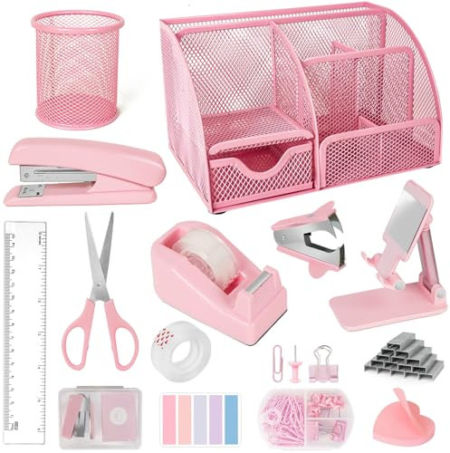 Desk Organizers and Accessories, Office Supplies 15PS Set with Stapler, Staple Remover, Pen Holder, Clips Set, Tape Dispenser, Tape, Phone Holder, 1000 Staples, Ruler, Scissors （Pink）