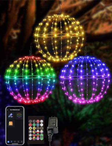 Innonly 3 Pack 12 Smart Sphere Hanging Christmas Ball Lights Outdoor, DIY and Preset Lightshow Foldable Color Changing Christmas Light, APP Control RGBW LED Lights for Outside (Non-Connectable)