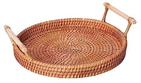 Amosfun 1 Pc Cesta De Comida Tejida Portátil Platos para Servir Café Bandejas De Café Tejidas a Mano Bandejas De Cubiertos Bandeja De Maquillaje Charolas para Postres Rota Light Brown