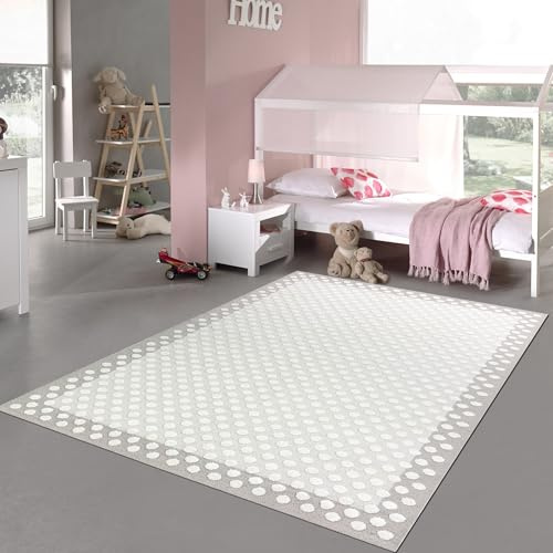 Teppich-Traum Kinderteppich Punktemuster Grau Creme 140x200 cm | 3D-Hoch-Tief-Effekt, weich, pflegeleicht, strapazierfähig, hautsympathisch, OEKO-TEX, Fußbodenheizung geeignet, 14 mm