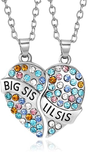 Cosysparks Big Sis Little Sis halsband, syster halsband för 2 flickor strass matchande hjärta hänge syster smycken gåvor storasyster lillasyster halsband för systrar födelsedag julklappar, En storlek,