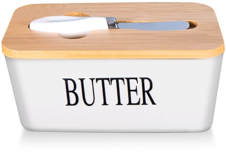 White Ceramic Butter Dish with Lid and Knife, Covered Butter Stick Holder Tray, Butter Storage Container for Fridge Kitchen Countertop