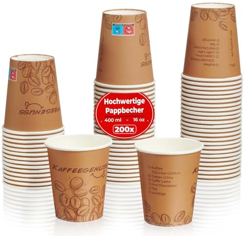 MH QUALITY Kaffeebecher To Go 400ml / 16 Oz - 200 Stück Premium Einweg Pappbecher für Kaffee | Hochwertige Coffee To Go Becher