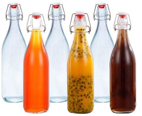 MUAMAX 6PCS 1L Clear Glass Bottles with Swing Top,Glass Preserve Bottle for Home Brewing,Clear Swing Top Bottles,Airtight Glasses Dispenser,Transparent Beer Bottle Homemade Beverages
