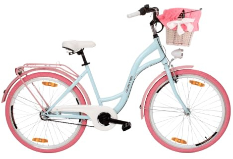 Goetze Style Damen Citybike 26/28 Zoll, Retro Fahrrad mit 3-Gang | 17/18 Zoll Tiefeinsteiger, Shimano Nexus Nabenschaltung mit Rücktritt, LED-Beleuchtung, Rattankorb, Gepäckträger & Klingel