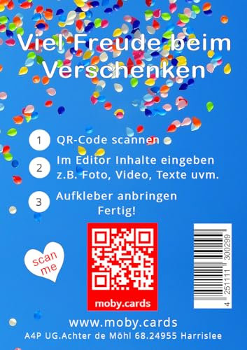moby.cards 10x QR-Code-Aufkleberbogen motiv1 im A7-Format. Verbinde deine Geschenke, Grußkarten etc. mit Fotos, Videos, Audios, Texten uvm. und gestalte sie individuell und persönlich.