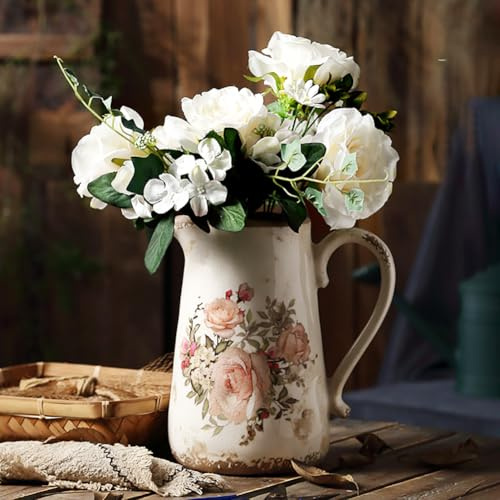 XIUWOUG Vintage Keramik Krug Vase für Blumen - rustikale Chinoiserie Blumenvase für Wohnzimmerdekoration, Bauernhaus und Moderne Wohnkultur,G1
