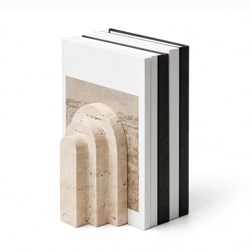 1 Stück Moderne Travertin Buchstütze, gewölbtes Design, Naturstein Buchhalter für Schreibtisch und Regal (Travertin - 1 Stück) | 1 Stück, kleine Reihenstütze, natürliche Poren variieren, Regal- und Schreibtischdekoration