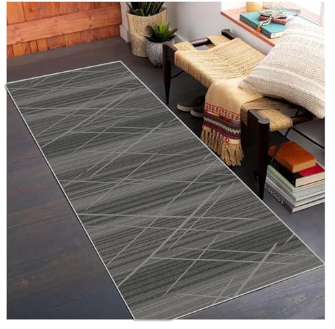 Siiunwdiy Tappeto Corridoio Grigio Scuro 80x270cm Lavabile in Lavatrice, Passatoia Cucina Antiscivolo con Design Geometrico Moderno - Tappeto Runner per Scale/Entrata/Corridoio Interno/Esterno