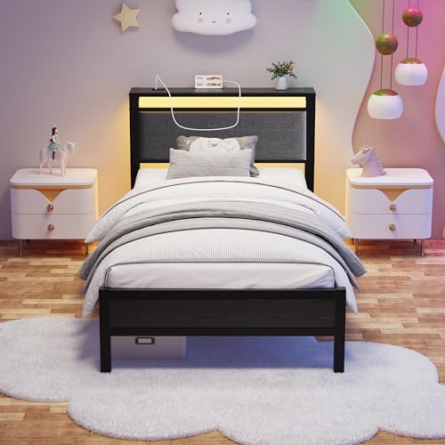 FOUBAM 3FT Single Bed Frame with Storage Headboard, Black | Metal Platform Upholstered Bed Frame, Heavy Duty Metal Bed with LED Lights and Charging Station,Mattress Foundation
