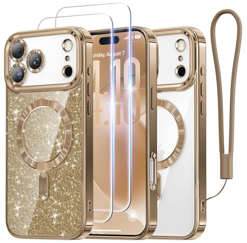 Meifigno Designed for iPhone 17 Pro Case 6.3, [Glitter Card & Wrist Strap] [Compatible with MagSafe] [2X HD Screen Protectors] Surround Raised Lens Protection for 17 Pro Case, Desert Titanium