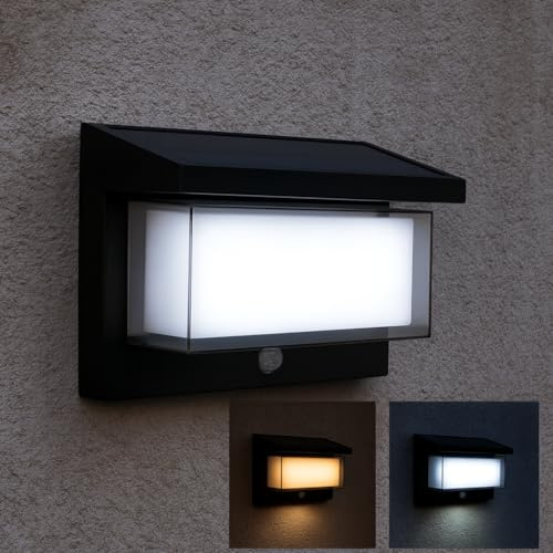 MAKA Applique Solare da Esterno 1000 Lumen (Equivalente 100W), Doppia Luce 3000K Calda e 6500K Fredda, Sensore PIR 6m e Crepuscolare, Batteria 3600mAh con Pannello Solare 2,2W, IP65, 8 Modalità (Nero)