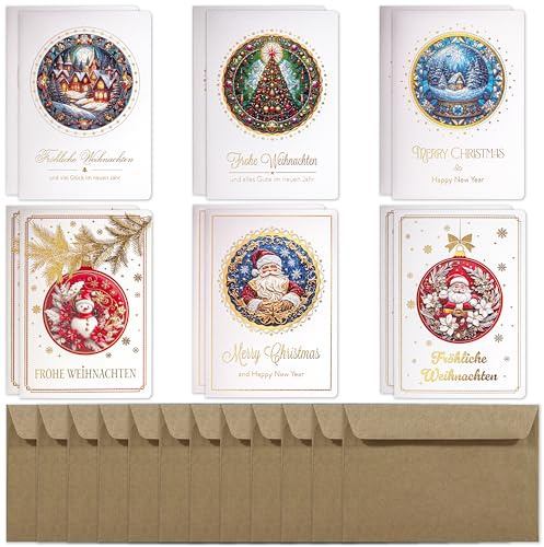 Weihnachtskarten mit Umschlägen Din A6 – 12er-Set exklusiver Art Nuvo-Karten. 6 Designs, je 2 Karten, mit Umschlägen aus Recyclingpapier.