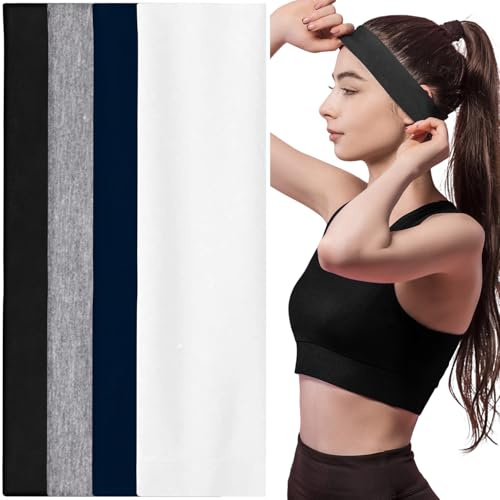 4er-Set Turban-Stirnbänder, Vintage Breite Haarbänder, Damen Elastische Haarbänder aus Weichem Stoff für Make-up, Yoga, Laufen (Schwarz, Hellgrau, Weiß, Marineblau)