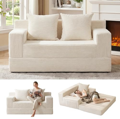 Erament Convertible Sofa Bed, Loveseat Folding Floor Futon Sleeper Sofa Couch Bed- Boneless Foldable Couch, Corduroy Pull Out Sofa Bed with 2 Pillows for Living Room & Bedroom