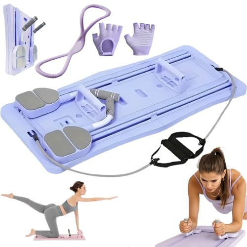 Pilates Board, Pilates-Reformer-Set mit LED-Zähler, Automatischer Rückprallrolle, Multifunktionales Pilates Board für Zuhause, Faltbare, Compact (Purple)