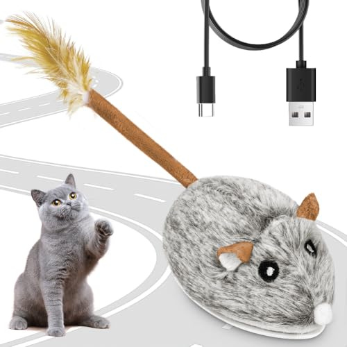 AYESY Souri Interactive pour Chats Jouet, Souris Électrique avec à détection Intelligente Mobile Automatique pour Chat Rechargeable par USB avec Queue de Plume Sons Réalistes, Gris Foncé