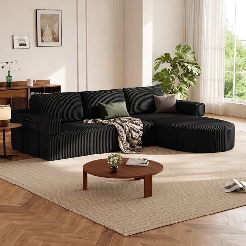 HOMRELEXA Ecksofa mit Schlaffunktion,Cord Schlafsofa L Form, Boneless Couch | Wohnlandschaft Schlafcouch mit 75cm Sitzfläche, Modulares Sofa Bed Sofabett mit Abgerundeter Chaise Longue, Schwarz