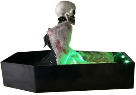 Röstaktiverat skelett, kista dekor skrämmande ljud | Bordsdekor halloween dekor, animerad rörelse, grön LED-glöd, interaktivt kul