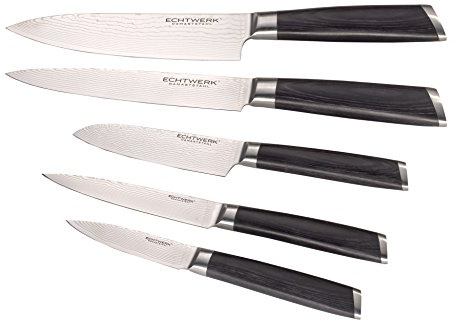 ECHTWERK Set di coltelli damasco da 5 pezzi, coltello da chef, coltello da carne, coltello Santoku, coltello multiuso, spelucchino, acciaio damasco, confezione regalo/conservazione inclusa