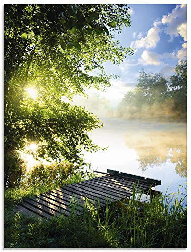 ARTLAND Wanddeko Glasbilder Wandbild Glas Bild einteilig 45x60 cm Hochformat Natur Landschaft Wald Baum See Steg Sommer Sonne Gräser T0WD