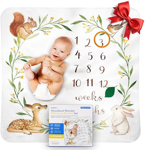 Bubzi Co Coperta Mesi Neonat Copertina Neonato Milestone Decorazione Cameretta Motivo Bosco In Acquerello Regalo Neonato e Baby Shower Copertine Neonati Perfette Per Set Fotografici