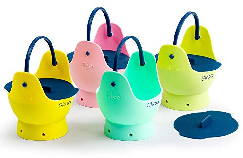 Eierpochierer – Skoo Silikon-Eierpochierbecher + Deckel – Eierkocher Set – perfekt pochierte Eier Maker – für Herdplatte, Mikrowelle und Instant Pot (grün, rot, gelb, türkis, dunkelblau)
