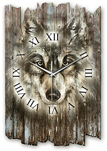 Kreative Feder Designer Wanduhr „Wolf“ aus Holz 40x27cm im Shabby Style Design - Designeruhr mit flüsterleisem Uhrwerk ohne Ticken (Wolf, leises Quarzuhrwerk)