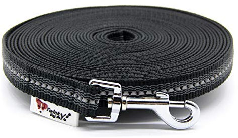 Twinkys Dog Style Hundeleine, Führleine, Schleppleine gummiert 20 mm breit 5 Meter Schwarz Reflektierend für Hunde bis 50 kg ohne Handschlaufe