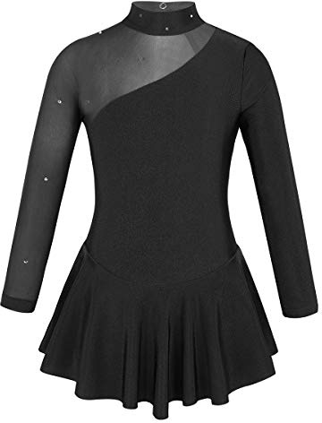 iEFiEL Mädchen Ballettkleid Glitzer Eiskunstlauf Kleid Kinder Swing Schaukel Tanzkleid Ballettanzug Langarm Body Trikot Turnanzug Schwarz 128