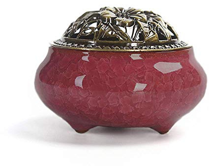 Holzsammlung Brûleur D'encens en Céramique, Style Classique Brûleur D'encens avec Porte-encens en Laiton Calebasses et Couvercle en Métal, Accessoire Décoratif pour la Maison