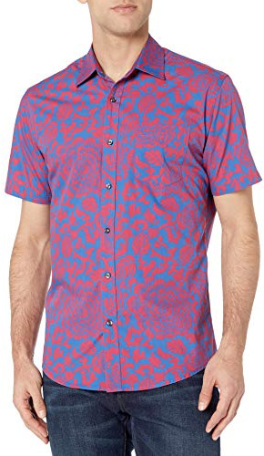 Amazon Essentials Men's Regular-Fit Short-Sleeve Poplin Shirt, Blue Floral, X-Large