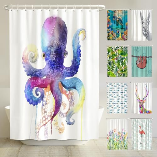 arteneur Anti-Schimmel Duschvorhang 180x200 cm Wasserfarben Tintenfisch | Textil recycelt, OEKO-TEX 100, 40°C Maschinenwäsche, blickdicht, wasserdicht, beschwerter Saum, mit 12 recycelten Ringen