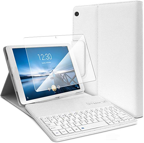 Pack Housse Étui de Protection (Couleur Blanc) avec Clavier Azerty Bluetooth + 1 Film de Protection d'Écran pour Lenovo Tab M10 / M10 HD 10,1 Pouces