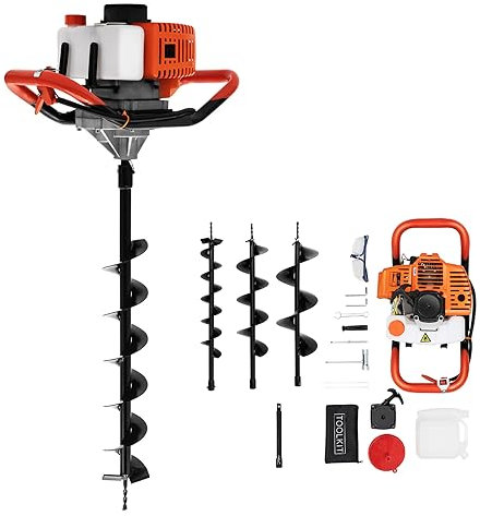 BJTDLLX Trivella a benzina per il fissaggio a terra da giardino, 2,4 CV, trapano a terra con 3 punte da 4/6/8, 52 cc, motore a 2 tempi, frizione centrifuga