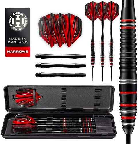 Harrows Fire High Grade Alloy Steel Tip Darts Set 21g, 22g, 23 & 24g - Includes Black Speedline Shafts, Fire Flights & Travel Case (23, Gramm)