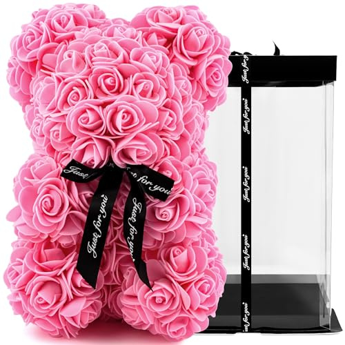 TJC 28cm Rose Teddy Bear Flower Bear with Gift Box Birthday Romantic Valentines Gifts for her Girlfriend Love Friends Wife Fiancée PE Material with Bow Tie Everlasting Forever Pink
