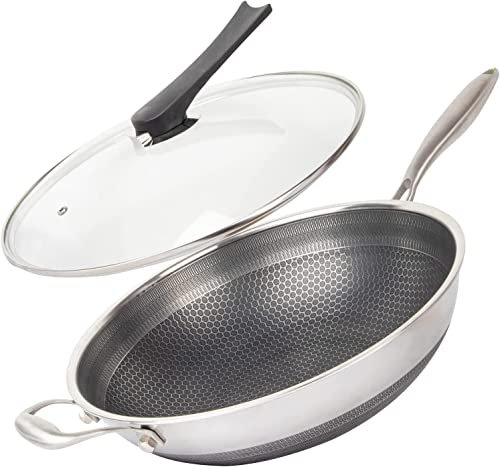 CATHYLIN Wok de acero inoxidable 316L de 13 pulgadas con tapa, sartén antiadherente con mango que se mantiene fresco, libre de PFOA, adecuado para cocinas de inducción, cerámica, eléctricas y gas