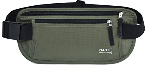 DAITET Geldgürtel – Reisepasshülle mit RFID-Blockierung, verdeckte Bauchtasche, Schwarz, Dunkles Olivgrün, RFID-blockiert und Gürtelbreite: 3,7 cm