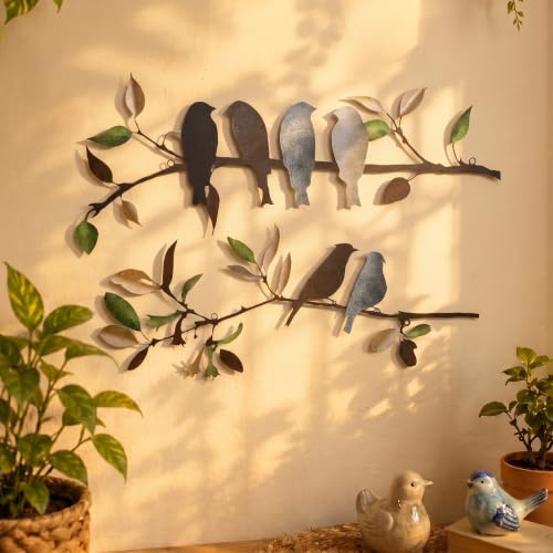 Demissle Wanddeko aus Metall, Vögel auf Zweigen mit Blättern, rustikale Wandkunst, wasserdichte Metallschilder für Zuhause, Balkon, Garten, Innen- und Außenbereich, Retro-Farben, 2 Stück